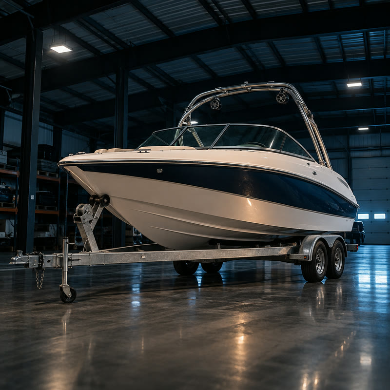 Wakeboard boat on trailer in storage