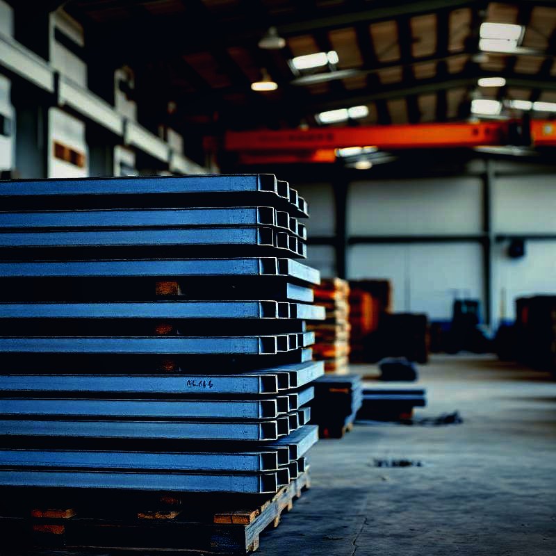 Steel building materials in warehouse