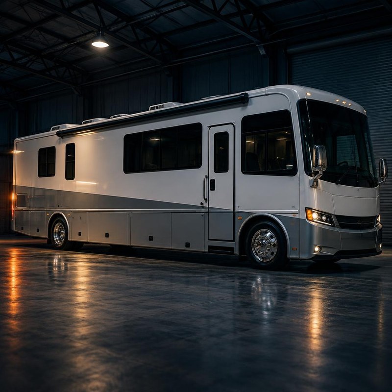 Class A motorhome stored indoors